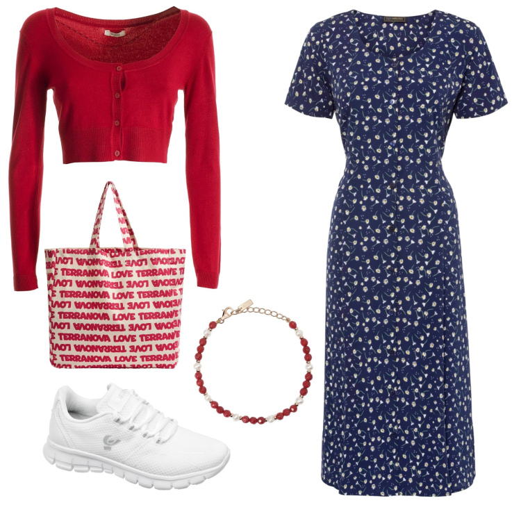 Outfit donna - Rosso bianco e blu 52412. Stile Casual chic per Tutti i giorni. Abbinamento con braccialetti, cardigans, sneakers, borse tote, vestiti midi/longuette.