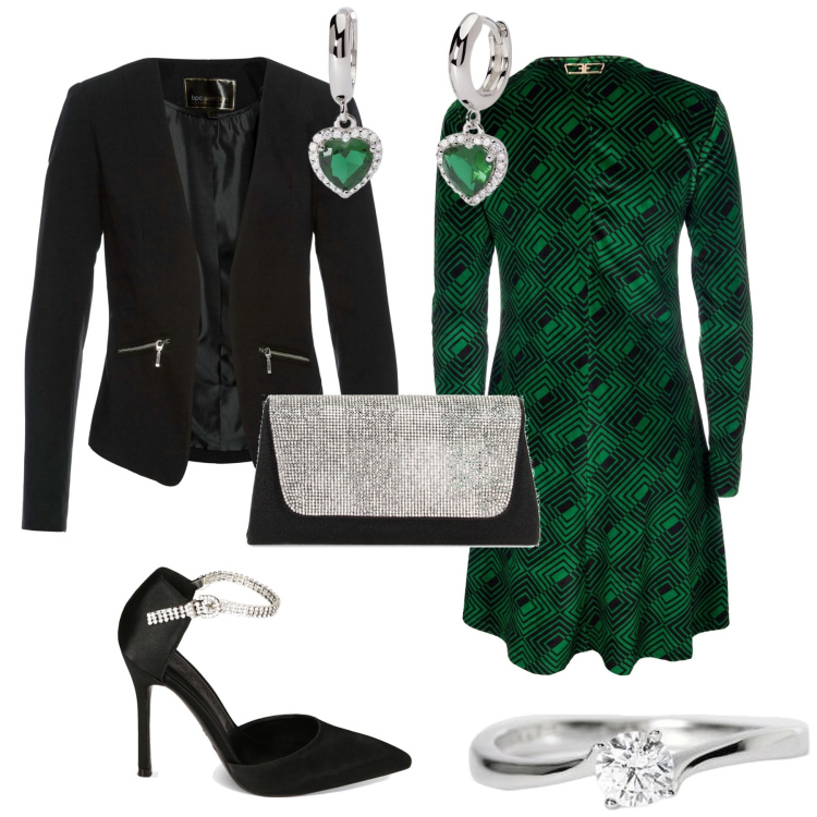 Outfit donna - Chic serata evento. Stile Chic per Serata fuori. Abbinamento con blazer, anelli, orecchini, vestiti, décolleté, pochette.