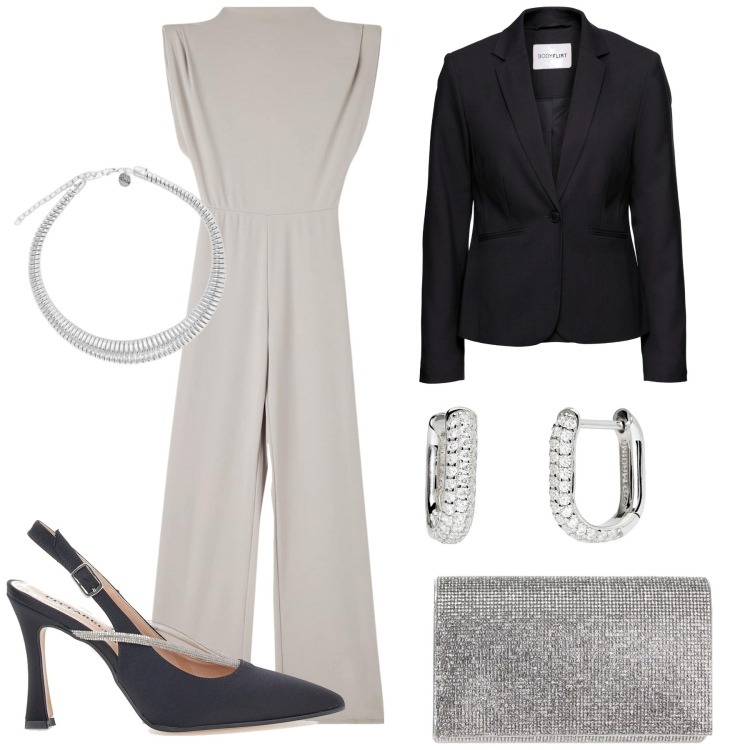 Outfit donna - Serata fuori. Stile Glamour per Serata fuori. Abbinamento con blazer, tute, orecchini, pochette, collane, décolleté.