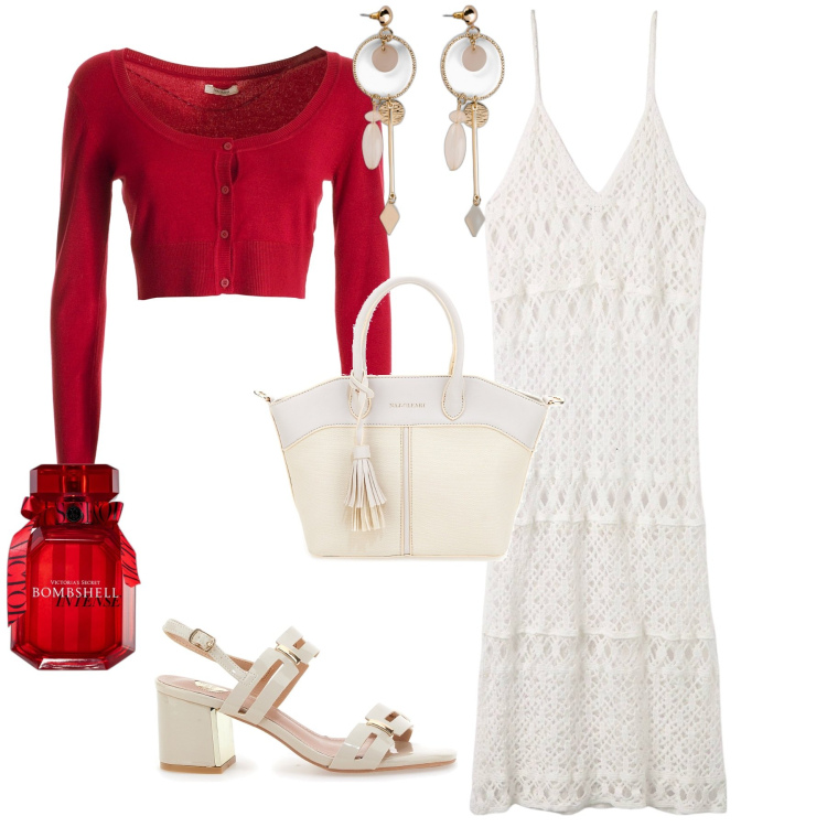 Outfit donna - Boho a passeggio. Stile Boho per Mare. Abbinamento con orecchini, vestiti lunghi, profumi, cardigans, sandali col tacco, borse a mano.