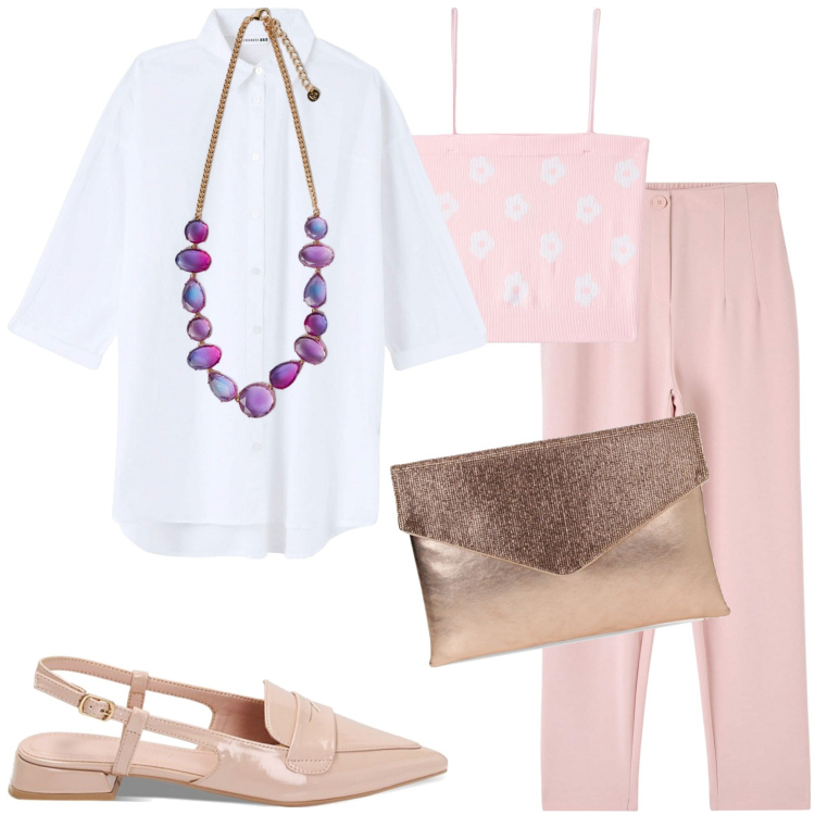 Outfit donna - Colori della primavera. Stile Casual per Serata fuori. Abbinamento con pantaloni chino, camicie, top, pochette, ballerine, collane.