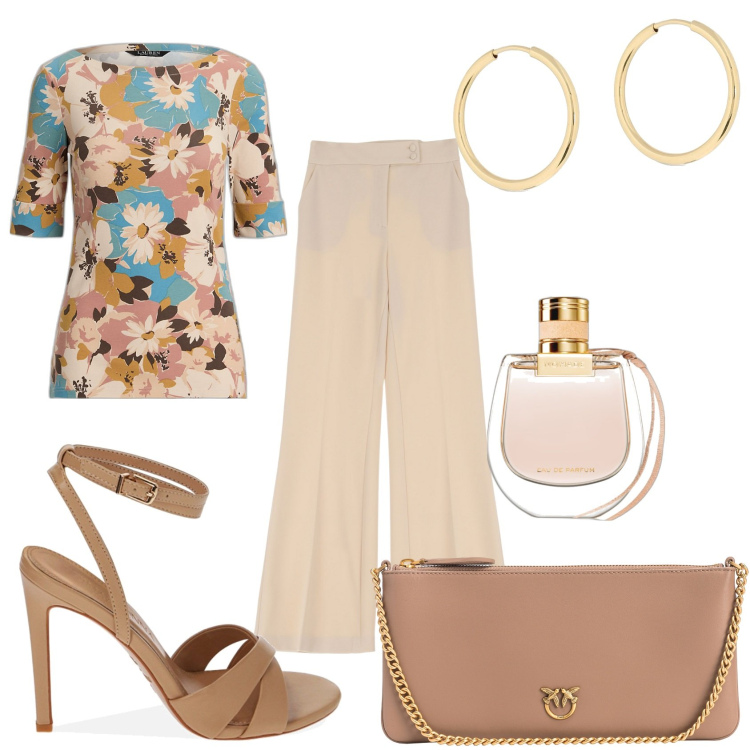 Outfit donna - Pantalone e blusa fiorata. Stile Glamour per Tutti i giorni. Abbinamento con profumi, borse a tracolla, pantaloni, sandali col tacco, maglieria, orecchini.