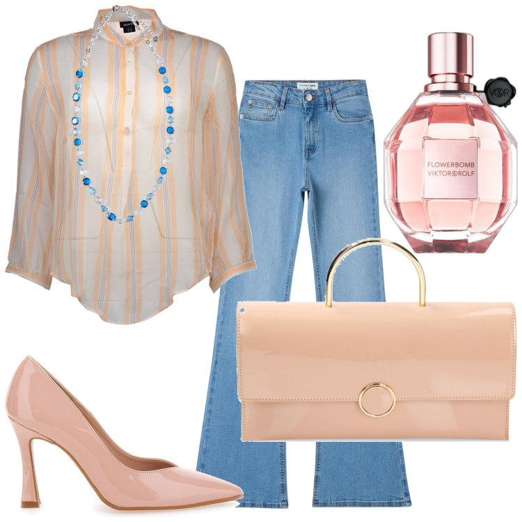 Outfit donna - Seta vs.denim. Stile Casual chic per Serata fuori. Abbinamento con profumi, jeans a zampa, pochette, décolleté, collane, camicie.