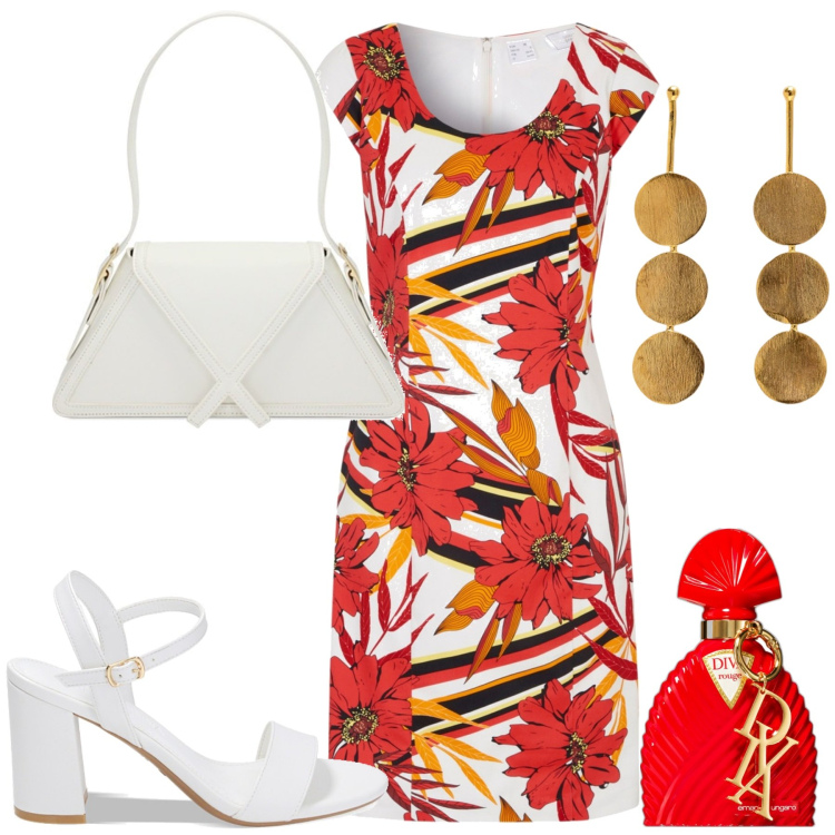 Outfit donna - City. Stile Bon Ton per Tutti i giorni. Abbinamento con vestiti a tubino, profumi, borse a spalla, sandali col tacco, orecchini.