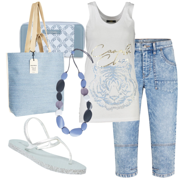 Outfit donna - Tempo libero. Stile Casual per Tutti i giorni. Abbinamento con pantaloni capri, sandali, borse tote, canottiere, collane, portafogli.
