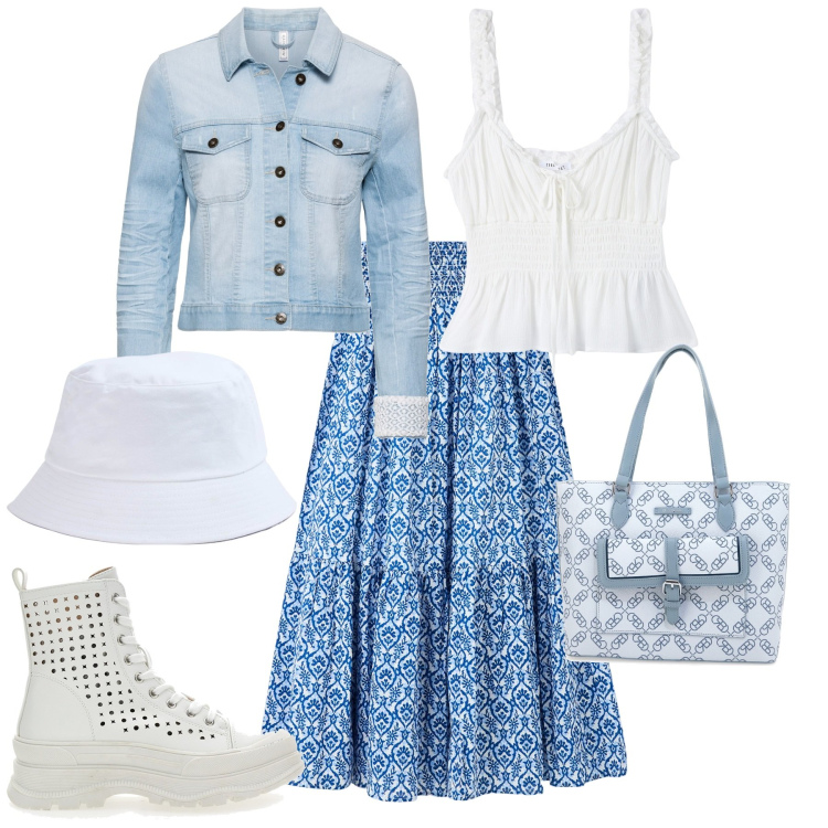 Outfit donna - Boho chic a passeggio sul lungolago. Stile Boho per Tutti i giorni. Abbinamento con blazer, gonne lunghe, top, cappelli, stivaletti, borse a spalla.