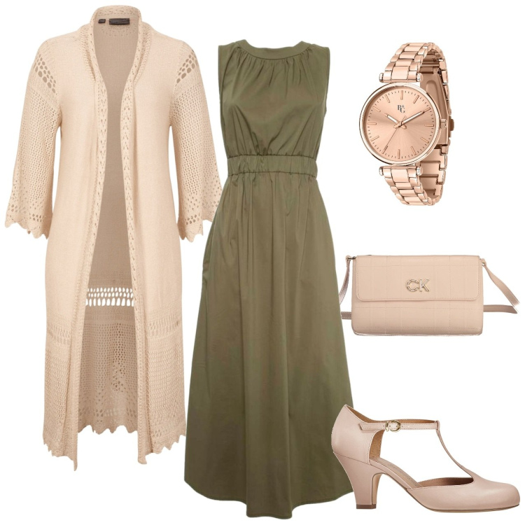 Outfit donna - Retrò. Stile Vintage retrò per Serata fuori. Abbinamento con cardigans, décolleté, orologi, vestiti lunghi, borse a tracolla.