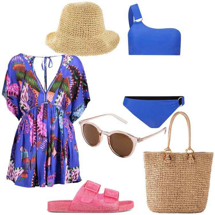 Outfit donna - Domenica al mare. Stile Basic per Mare. Abbinamento con cappelli, shopping bag, occhiali da sole, bikini, sandali, vestiti corti.