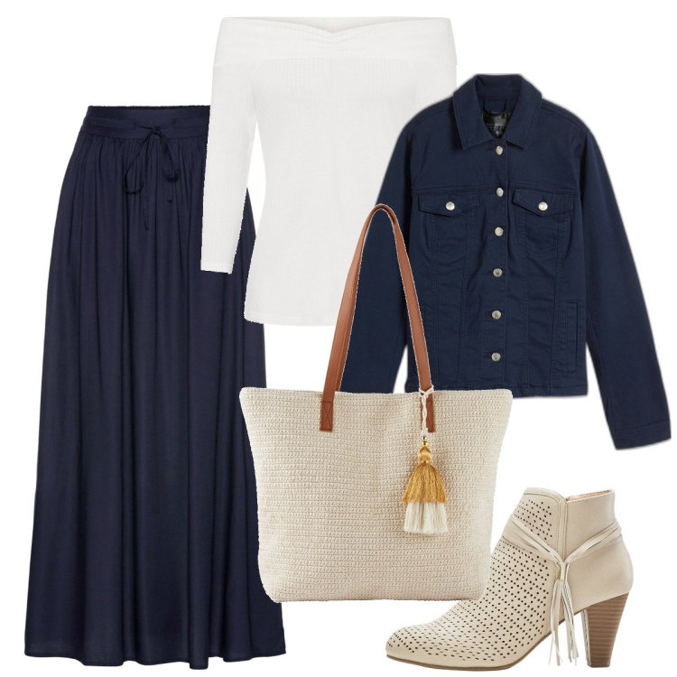 Outfit donna - La gonna plissettata blu. Stile Casual chic per Tutti i giorni. Abbinamento con gonne lunghe, maglieria, blazer, stivaletti, shopping bag.