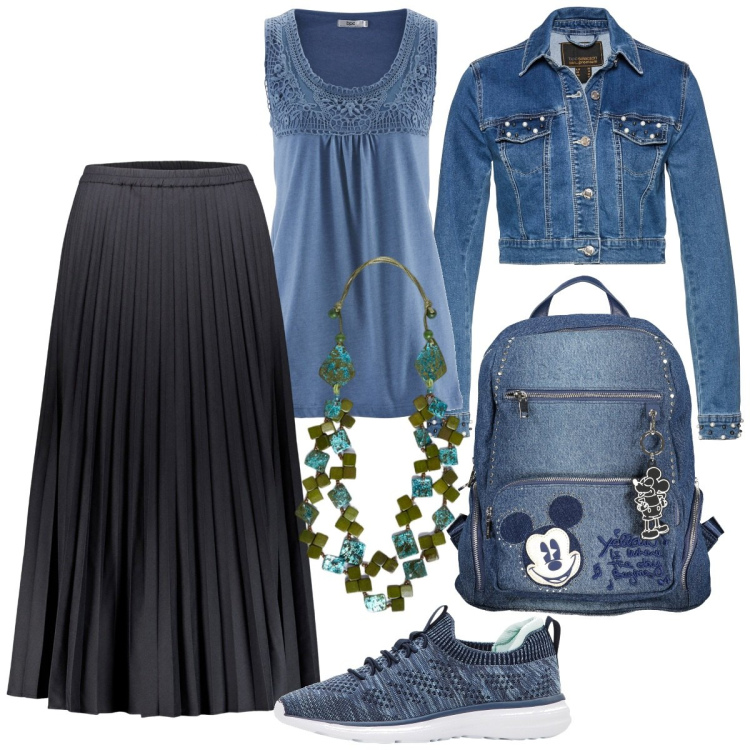 Outfit donna - La gonna plissettata. Stile Casual chic per Tutti i giorni. Abbinamento con blazer, sneakers, top, gonne lunghe, zaini, collane.