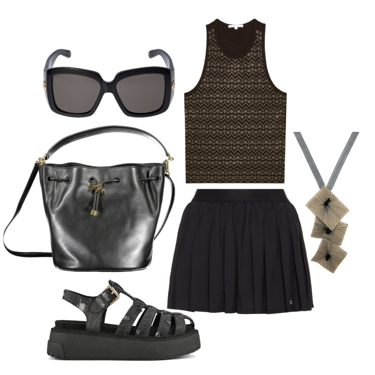 Outfit donna - Ghost outfitter - maggio. Stile Trendy per Tutti i giorni. Abbinamento con ciondoli, sandali, top, occhiali da sole, borse a secchiello, gonne.