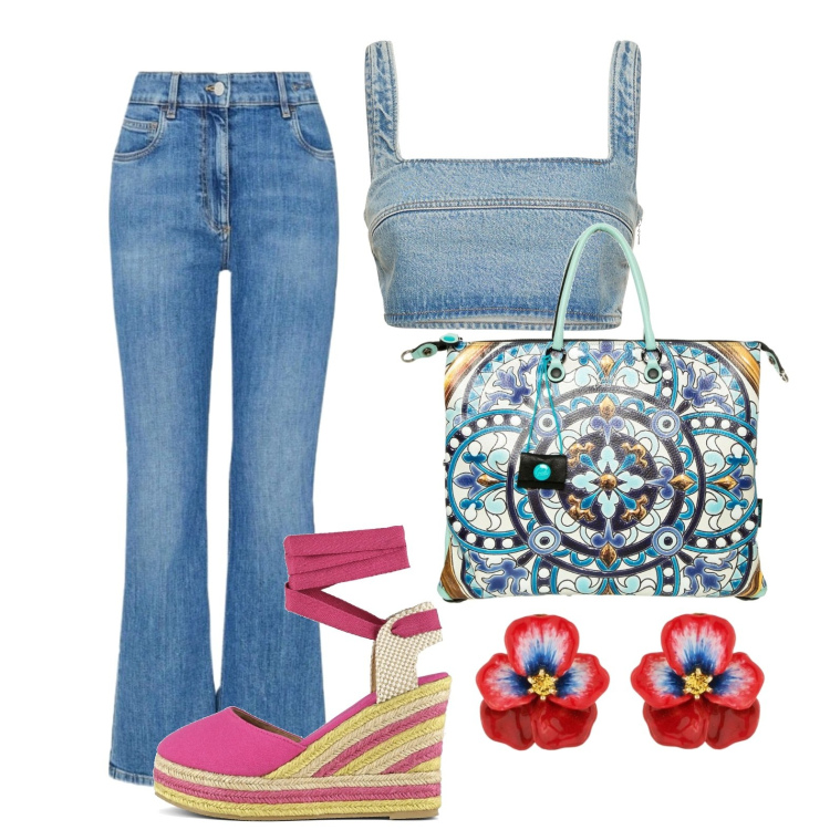 Outfit donna - Ghost outfitter - maggio. Stile Trendy per Tutti i giorni. Abbinamento con orecchini, espadrillas, shopping bag, top, jeans.