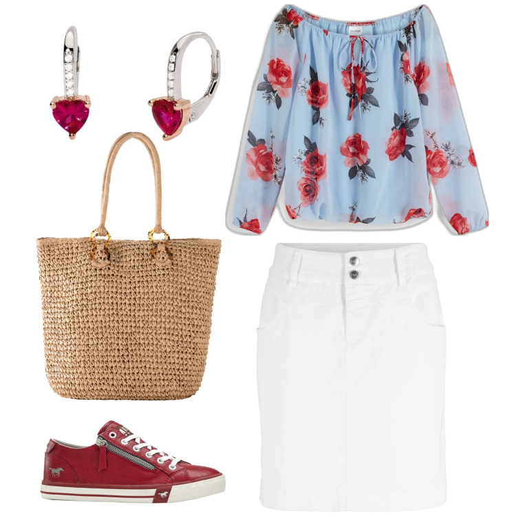 Outfit donna - Sneakers rosse 52411. Stile Casual per Tutti i giorni. Abbinamento con minigonne, sneakers, bluse, shopping bag, orecchini.