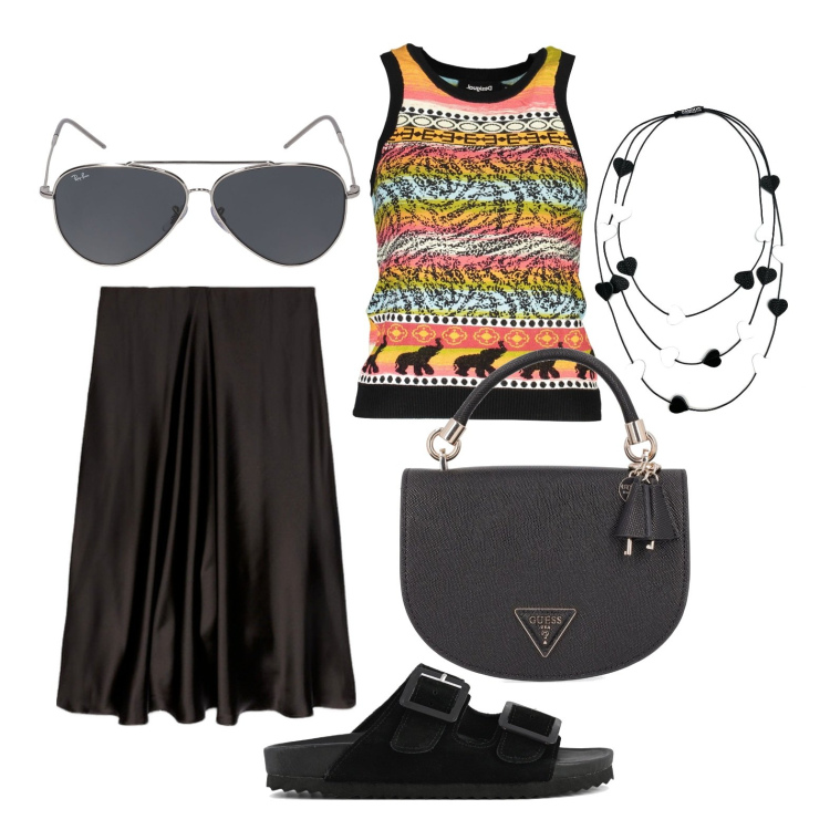 Outfit donna - Ghost outfitter - maggio. Stile Trendy per Tutti i giorni. Abbinamento con collane, sandali, canottiere, gonne lunghe, occhiali da sole, borse a mano.