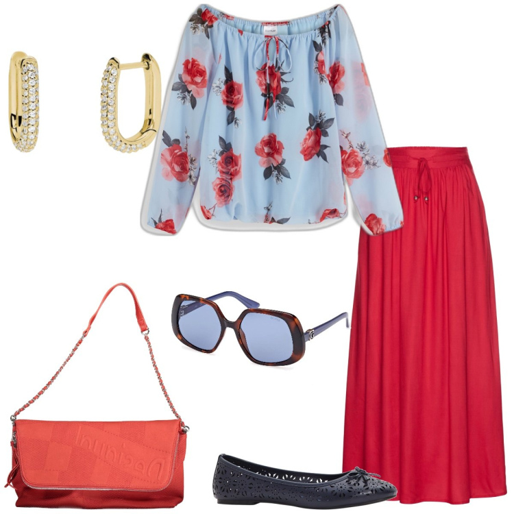 Outfit donna - Total look #1868121. Stile Boho per Tutti i giorni. Abbinamento con gonne lunghe, ballerine, bluse, orecchini, occhiali da sole, borse a mano.