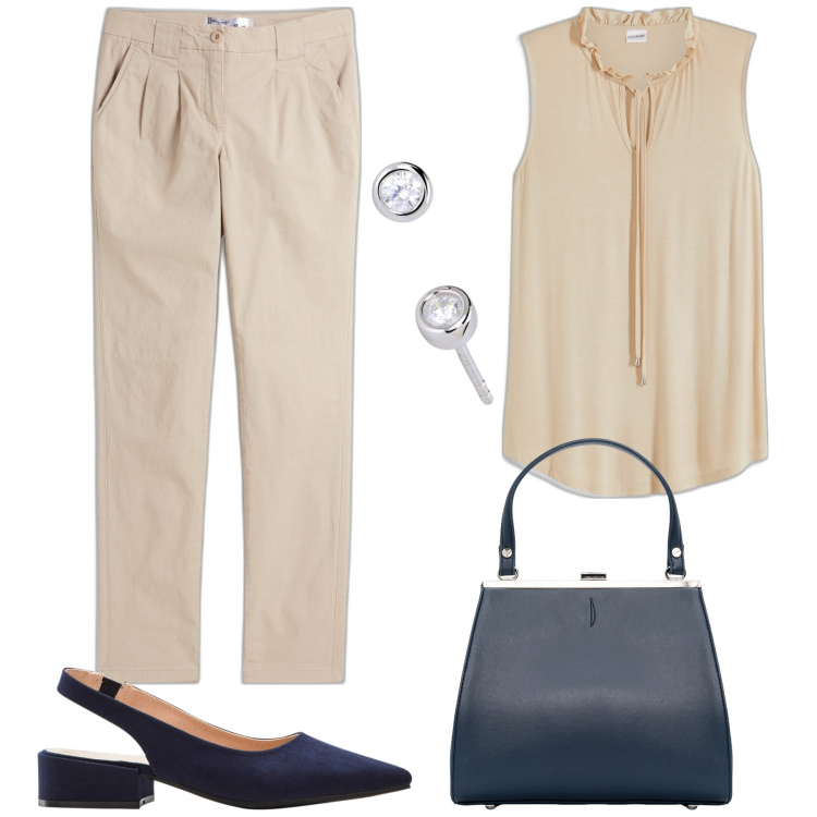 Outfit donna - In ufficio. Stile Casual chic per Ufficio. Abbinamento con pantaloni chino, top, décolleté, orecchini, clutch.