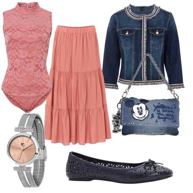 Outfit donna - Pomeriggio divertente. Stile Etnico per Tutti i giorni. Abbinamento con gonne longuette, blazer, ballerine, body, orologi, borse a spalla.