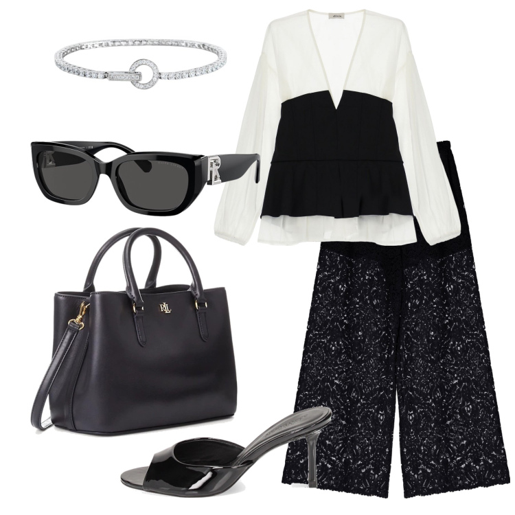Outfit donna - Venezia black & white. Stile Glamour per Serata fuori. Abbinamento con braccialetti, pantofole, occhiali da sole, borse a mano, bluse, pantaloni.