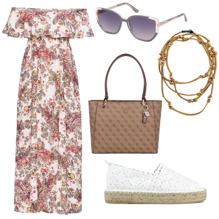 Outfit donna - Total look #1868163. Stile Etnico per Mare. Abbinamento con vestiti lunghi, collane, espadrillas, occhiali da sole, shopping bag.