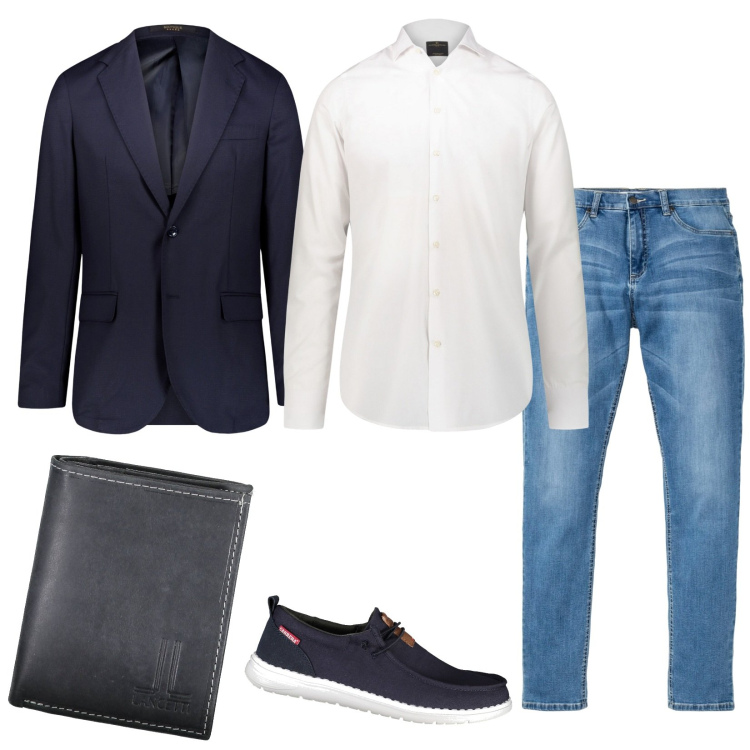 Outfit uomo - Cena informale. Stile Trendy per Serata speciale. Abbinamento con jeans, camicie, scarpe stringate, giacche, portafogli.