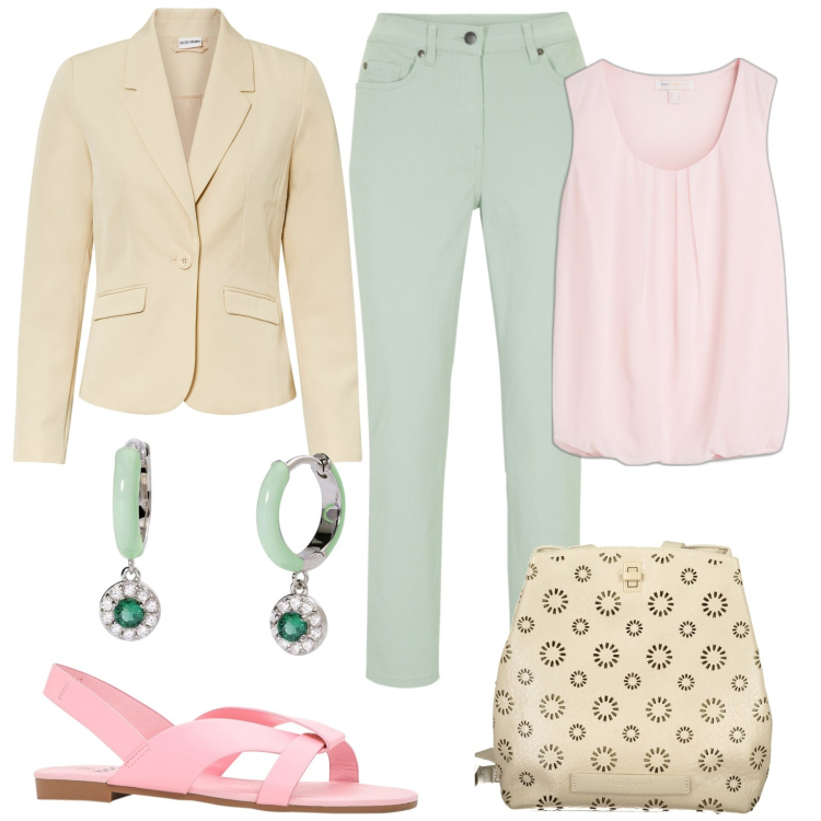 Outfit donna - Tono pastello. Stile Casual chic per Tutti i giorni. Abbinamento con blazer, top, sandali, pantaloni, orecchini, zaini.