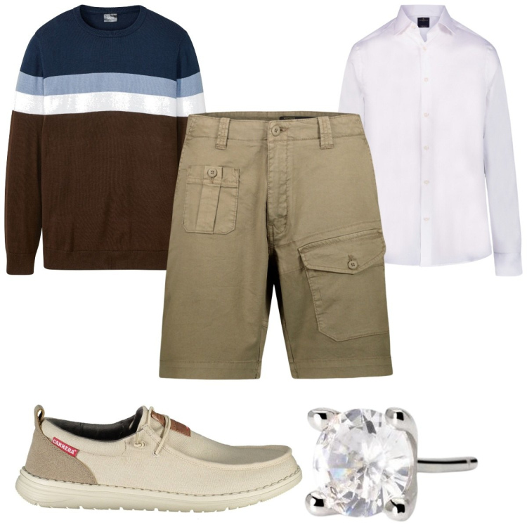 Outfit uomo - Total look #1868244. Stile Trendy per Tutti i giorni. Abbinamento con maglieria, orecchini, camicie, scarpe stringate, bermuda.