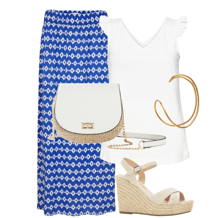 Outfit donna - Sfondo blu royal. Stile Casual per Mare. Abbinamento con top, sandali, gonne lunghe, borse a tracolla, braccialetti.