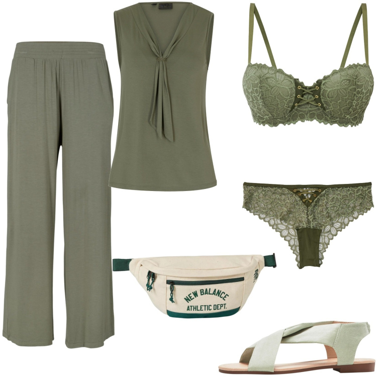 Outfit donna - In vacanza. Stile Casual per Tutti i giorni. Abbinamento con pantaloni, sandali, reggiseni a balconcino, top, culotte, marsupi.