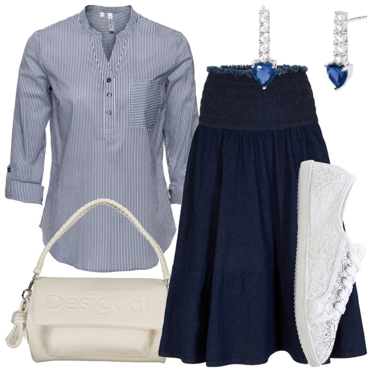 Outfit donna - Comoda e chic con la gonna in jeans. Stile Chic per Ufficio. Abbinamento con tuniche, sneakers, gonne, orecchini, borse a spalla.