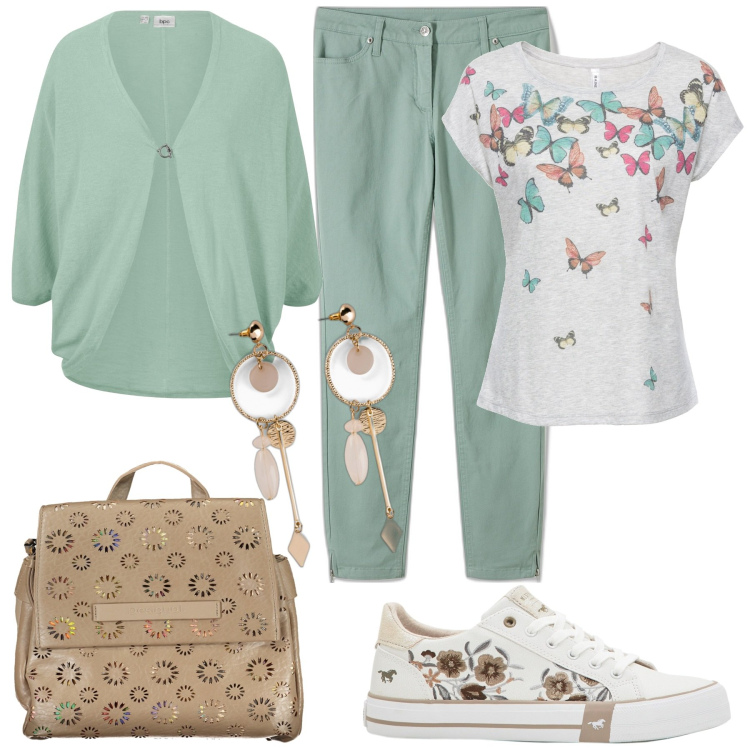 Outfit donna - Primavera. Stile Casual chic per Tutti i giorni. Abbinamento con maglieria, jeans skinny, cardigans, sneakers, orecchini, zaini.