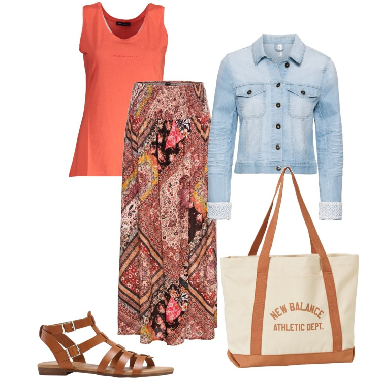 Outfit donna - Primavera etnica. Stile Etnico per Tutti i giorni. Abbinamento con blazer, gonne, sandali, borse tote, canottiere.