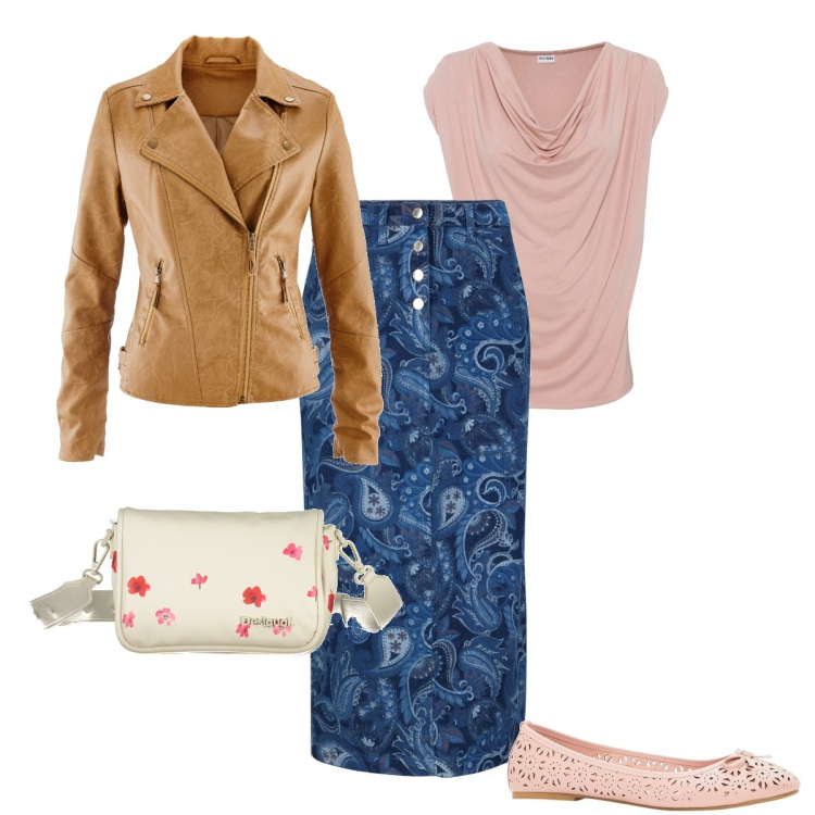 Outfit donna - Il denim a fantasia. Stile Romantica per Ufficio. Abbinamento con maglieria, ballerine, blazer, gonne, borse a spalla.