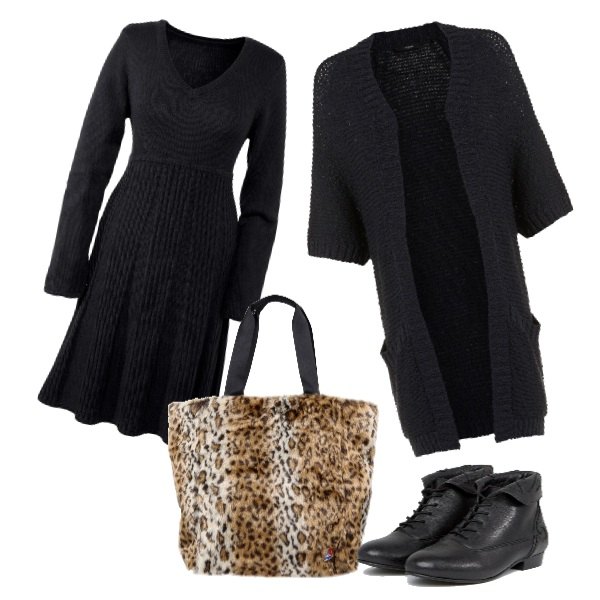 Outfit donna - Animalier, nero e retrò. Stile Urban per Scuola/Università. look ideale per Petite. Abbinamento con vestiti, borsa a mano maxi, stivaletti con stringhe e borchie con tacco basso e punta smussata, pullover premaman a maniche corte blu e blu scuro.