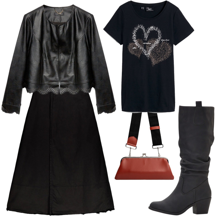 Outfit donna - Bloody dark. Stile Urban per Tutti i giorni. Abbinamento con t-shirt, stivali, gonne lunghe, clutch, blazer.