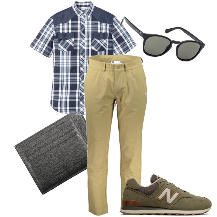 Outfit uomo - La camicia a quadri. Stile Casual per Ufficio. Abbinamento con camicie a manica corta, sneakers, pantaloni, occhiali da sole, portafogli.