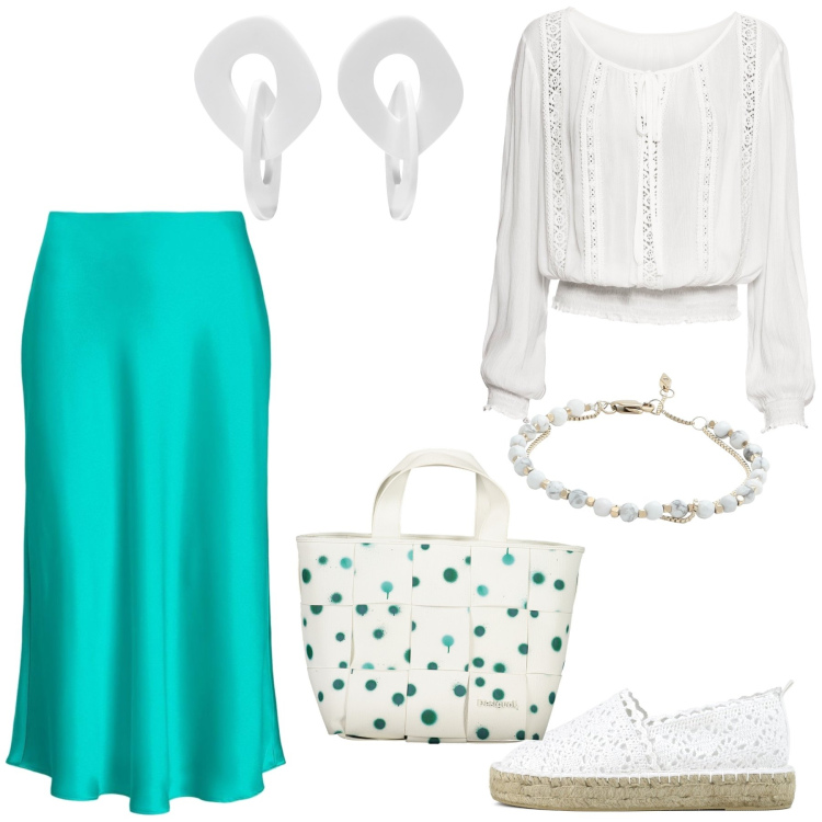 Outfit donna - Total look #1868345. Stile Casual chic per Ufficio. Abbinamento con bluse, orecchini, braccialetti, espadrillas, gonne, borse a spalla.