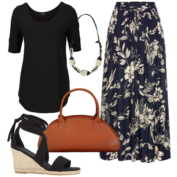 Outfit donna - La gonna a fiori. Stile Boho per Tutti i giorni. Abbinamento con gonne lunghe, maglieria, sandali, borse a spalla, collane.