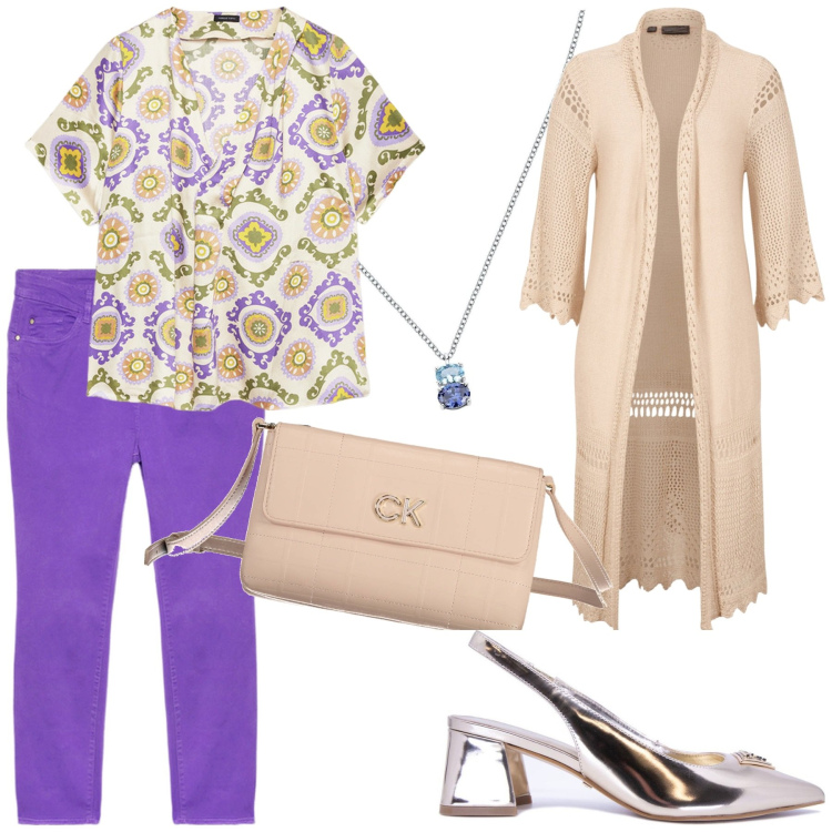 Outfit donna - Lilla e beige per cresima. Stile Casual chic per Cerimonia. Abbinamento con cardigans, ciondoli, bluse, décolleté, pantaloni skinny, borse a tracolla.