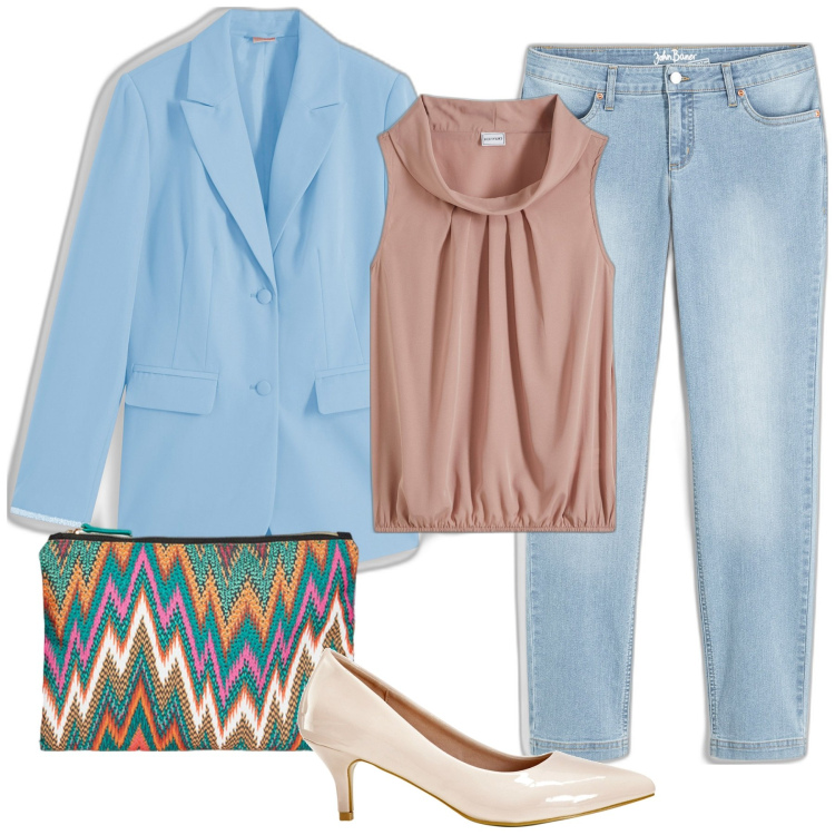 Outfit donna - Primavera. Stile Casual chic per Tutti i giorni. Abbinamento con top, jeans dritti, décolleté, blazer, pochette.