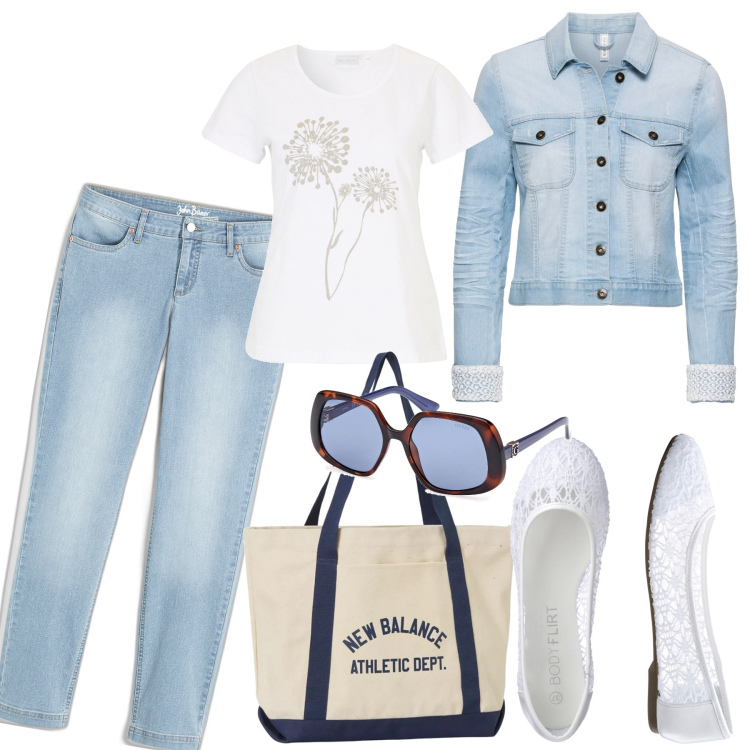 Outfit donna - Coffee date. Stile Casual chic per Tutti i giorni. Abbinamento con t-shirt, ballerine, blazer, jeans dritti, borse tote, occhiali da sole.