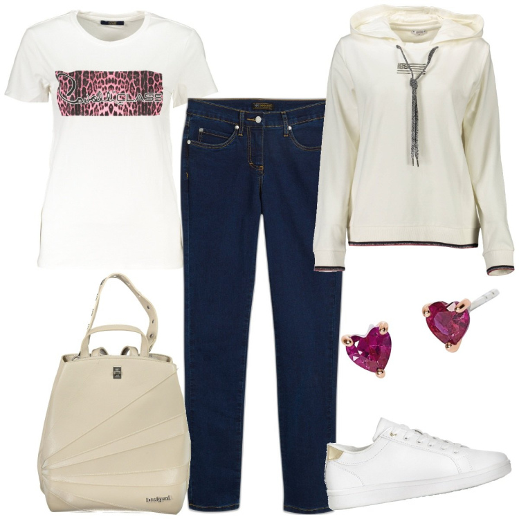 Outfit donna - Sporty-chic. Stile Sporty chic per Tutti i giorni. Abbinamento con jeans dritti, sneakers, orecchini, t-shirt, zaini, felpe con cappuccio.