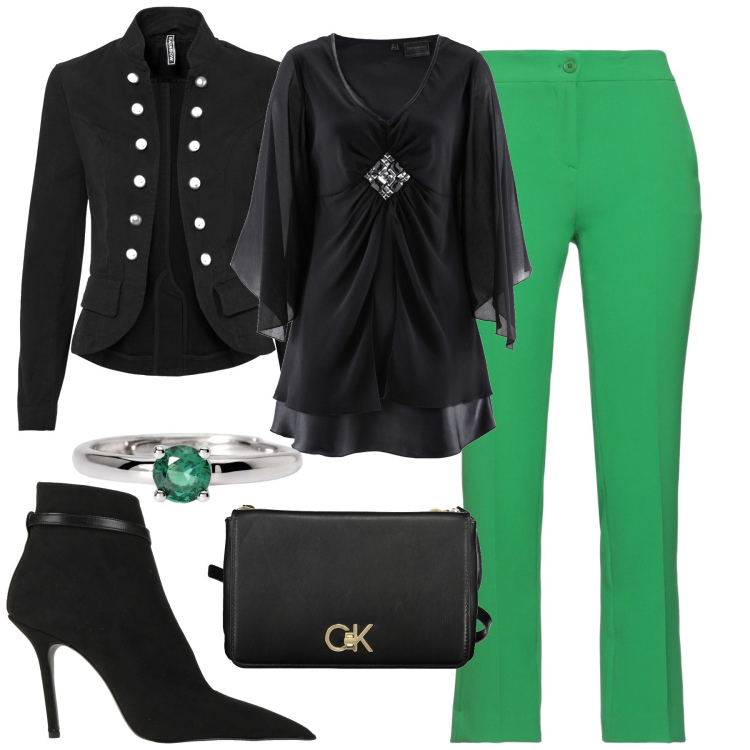 Outfit donna - Apericena. Stile Casual chic per Serata fuori. Abbinamento con tuniche, blazer, pantaloni, stivaletti, anelli, borse a tracolla.