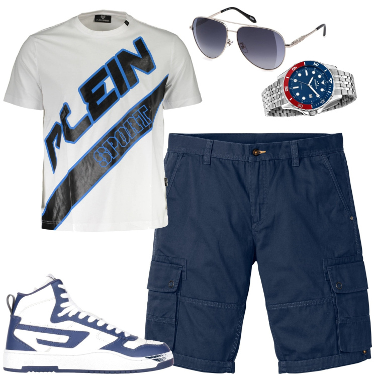 Outfit uomo - City. Stile Casual per Tutti i giorni. Abbinamento con bermuda, sneakers alte, orologi, occhiali da sole, t-shirt.