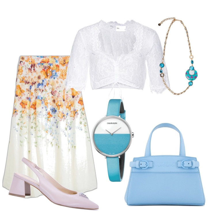 Outfit donna - La gonna a fiori per la primavera. Stile Casual chic per Tutti i giorni. Abbinamento con orologi, camicie, gonne, ciondoli, décolleté, borse tote.