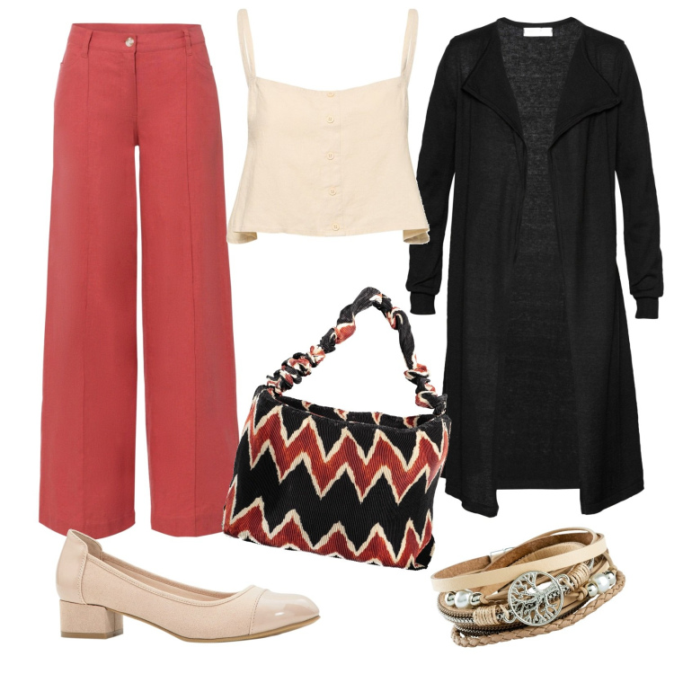 Outfit donna - Un gelato con le amiche. Stile Casual chic per Serata fuori. Abbinamento con pantaloni a palazzo, cardigans, braccialetti, décolleté, borse a spalla, top.