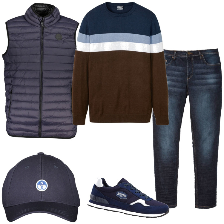 Outfit uomo - Total look #1868420. Stile Casual per Tutti i giorni. Abbinamento con jeans slim fit, sneakers, maglieria, giacche, cappelli con visiera.