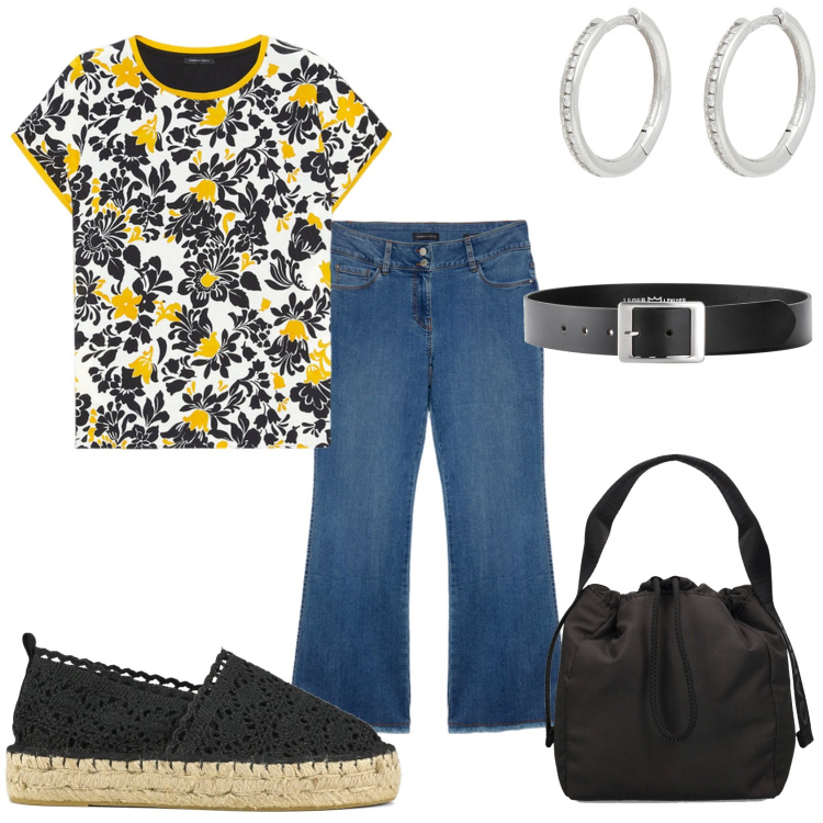 Outfit donna - Il jeans e la maglia fiorata. Stile Casual chic per Tutti i giorni. Abbinamento con cinture, orecchini, jeans, espadrillas, borse a mano, bluse.