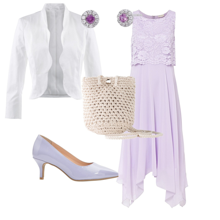 Outfit donna - Chic cerimonia al mare. Stile Chic per Mare. Abbinamento con blazer, vestiti senza maniche, borse a tracolla, décolleté, orecchini.