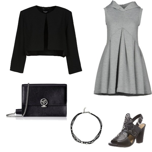 Outfit donna - Quasi Elegante, ma Rock. Stile Trendy per Tutti i giorni. Abbinamento con blazer, scarpe col tacco con cinturino nero, borsa a tracolla nero, collana.