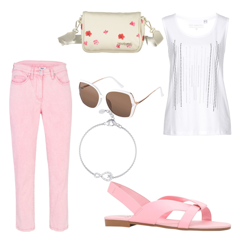 Outfit donna - Total look #1868465. Stile Casual per Ufficio. Abbinamento con pantaloni, top, sandali, occhiali da sole, braccialetti, borse a spalla.